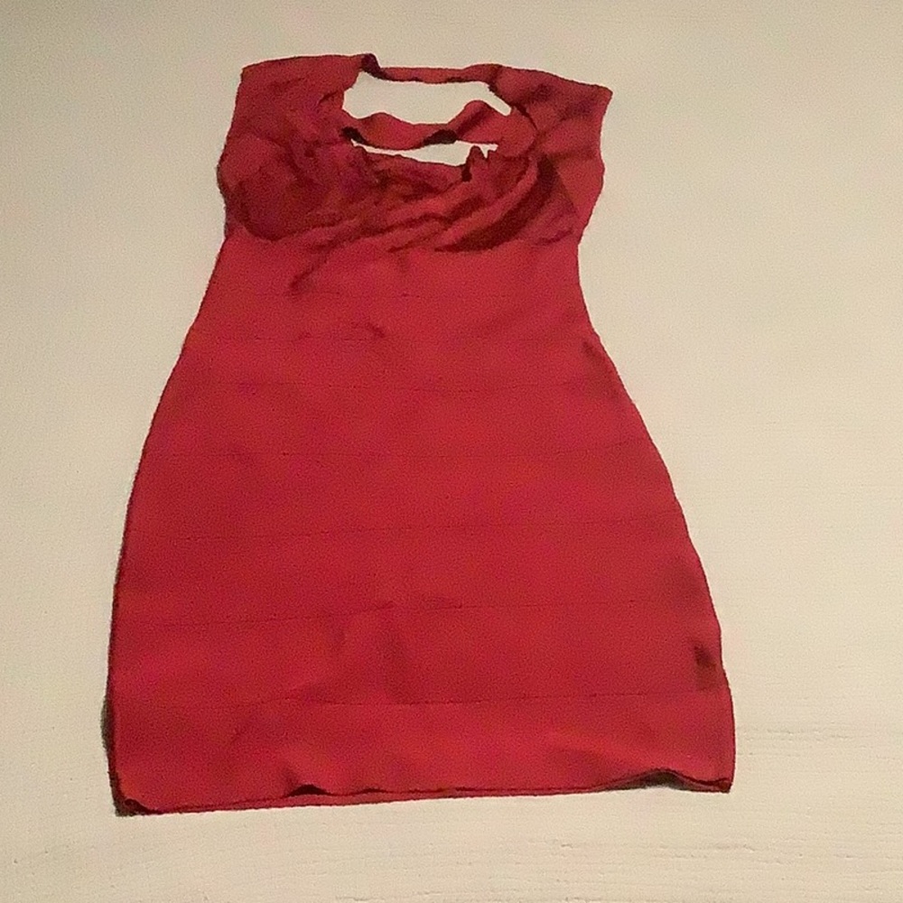 Bebe Red Ruffled Halter Sheath Dress - Picture 2 of 6
